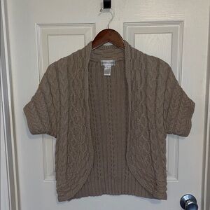 Draper’s & Damons Tan 100% Cotton Cable Knit Short-Sleeve Open Cardigan